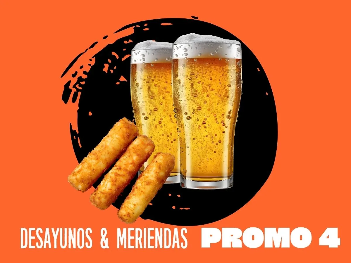 2 Cervezas (LATA) + 1/2 PORCIÓN de papas con cheddar y panceta o porción de bastones de muzza