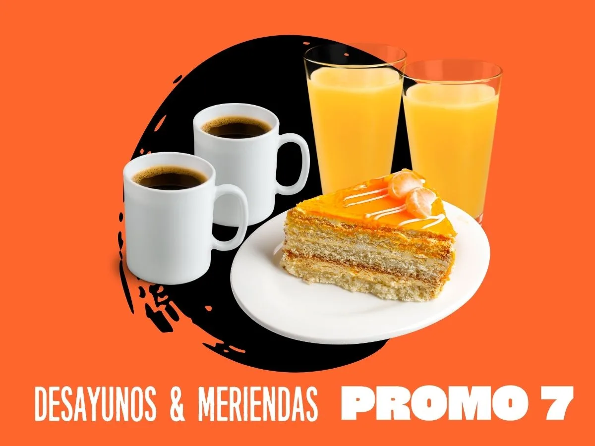 2 medialunas con jamón y queso + 2 jugos + 2 CAFÉ en jarrito + 1 torta