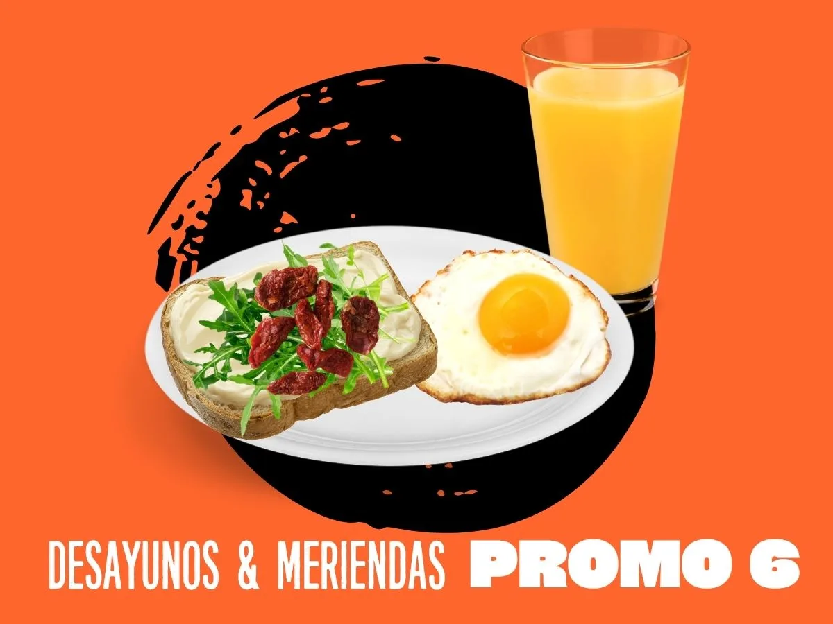 tostadas con queso crema,  rúcula, tomateS secos, huevo a la plancha + infusión o jugo